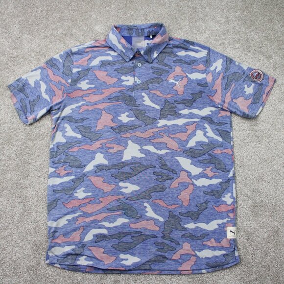 Puma Polo Shirt Mens Medium Pink/Blue Camo Reverse Print Golf S/S Pullover - Picture 1 of 14
